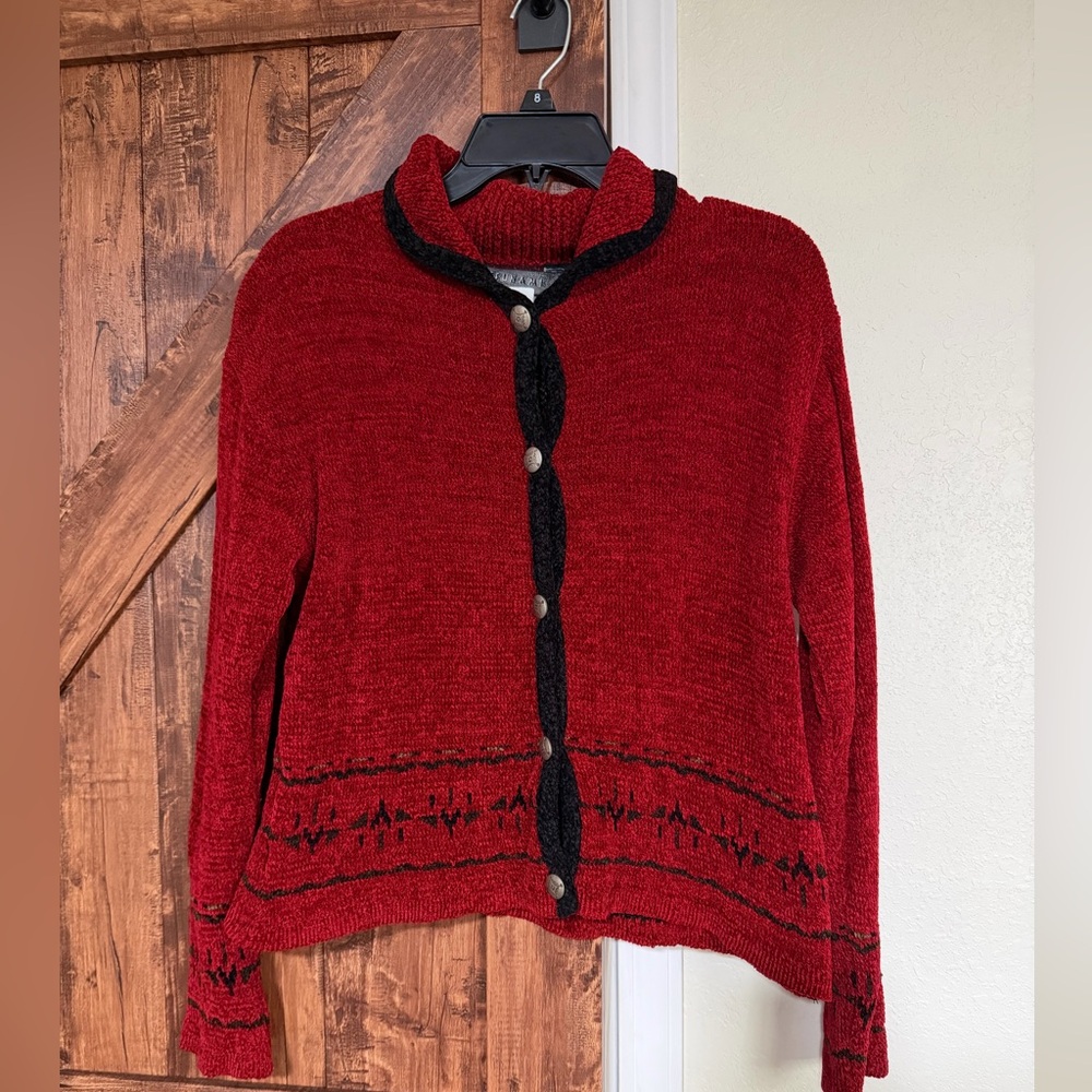 Vintage Tsunami Equestrian Women Cardigan Sweater Chenille Red & Black Medium